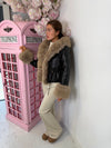 Faux Fur Trim Hooded Faux Leather Jacket with Cinched Waist