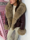 Faux Fur Trim Hooded Faux Leather Jacket with Cinched Waist