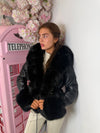 Faux Fur Trim Hooded Faux Leather Jacket with Cinched Waist