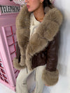 Faux Fur Trim Hooded Faux Leather Jacket with Cinched Waist
