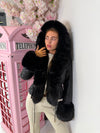 Faux Fur Trim Hooded Faux Leather Jacket with Cinched Waist