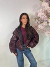 REVERSIBLE FAUX LEATHER HOODED BOMBER JACKET