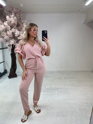 Fifi frill tie up jumpsuit - dusty pink