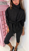 Suede-Effect Belted High Neck Jacket