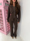 Back-Tie Cinched Waist Zip Jacket & Wide Leg Trousers Co-ord