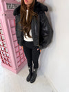 Oversized Leather-Look Jacket with Faux Fur Collar & Quilted Lining