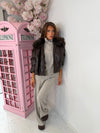 Oversized Leather-Look Jacket with Faux Fur Collar & Quilted Lining