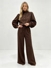 High Neck Button Front 2 Piece Co-Ord Set - Balloon Sleeve Top & Wide Leg Trousers