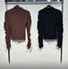 Ribbed High Neck Long Sleeve Top with Ruched Sleeves