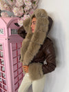 Faux Fur Trim Hooded Faux Leather Jacket with Cinched Waist