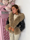 Faux Fur Trim Hooded Faux Leather Jacket with Cinched Waist