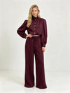 High Neck Button Front 2 Piece Co-Ord Set - Balloon Sleeve Top & Wide Leg Trousers
