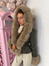 Faux Fur Trim Hooded Faux Leather Jacket with Cinched Waist
