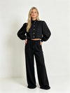 High Neck Button Front 2 Piece Co-Ord Set - Balloon Sleeve Top & Wide Leg Trousers