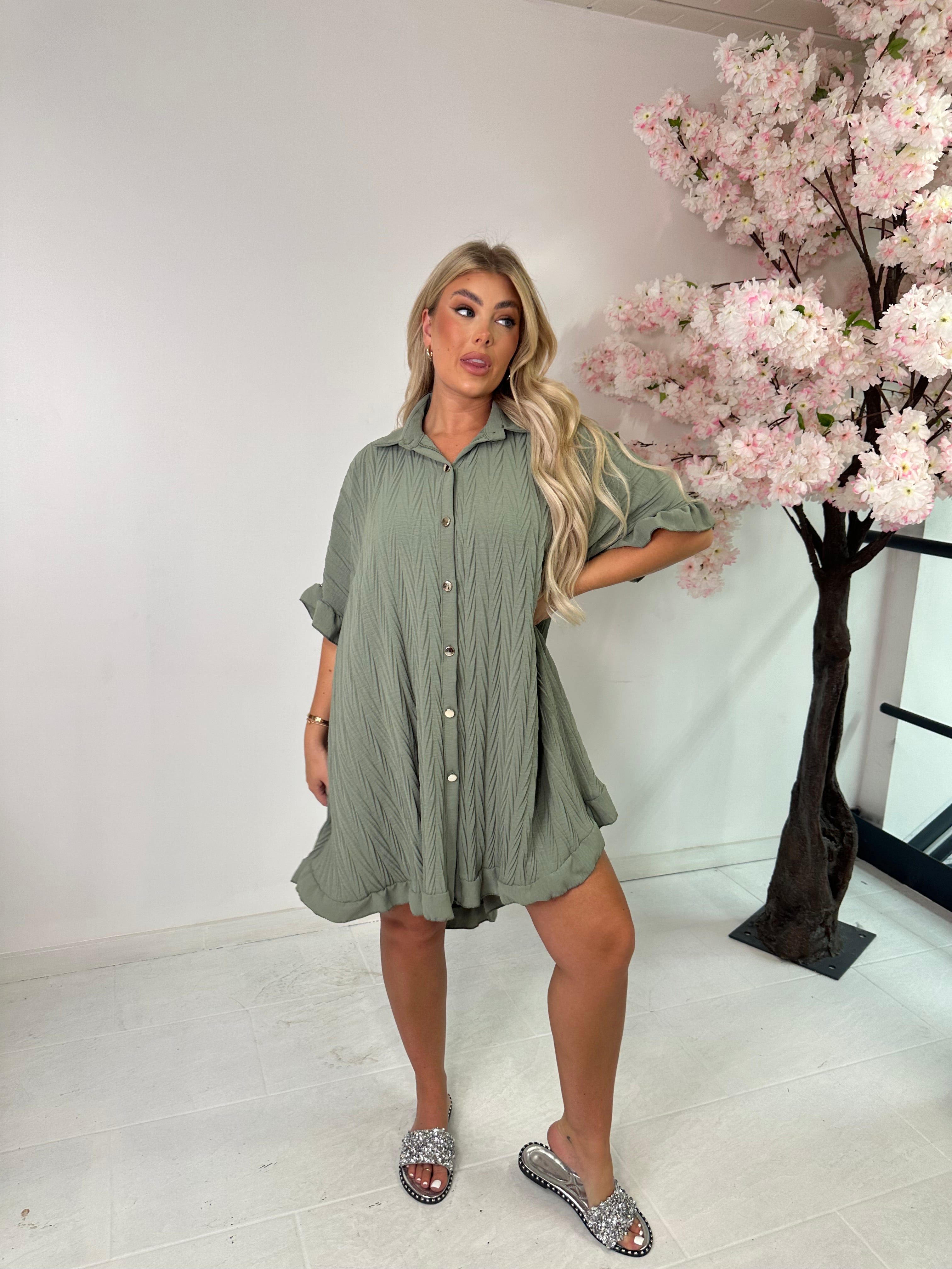 Oversized gold button crinkle dress - khaki