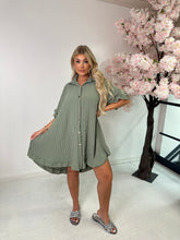 Oversized gold button crinkle dress - khaki