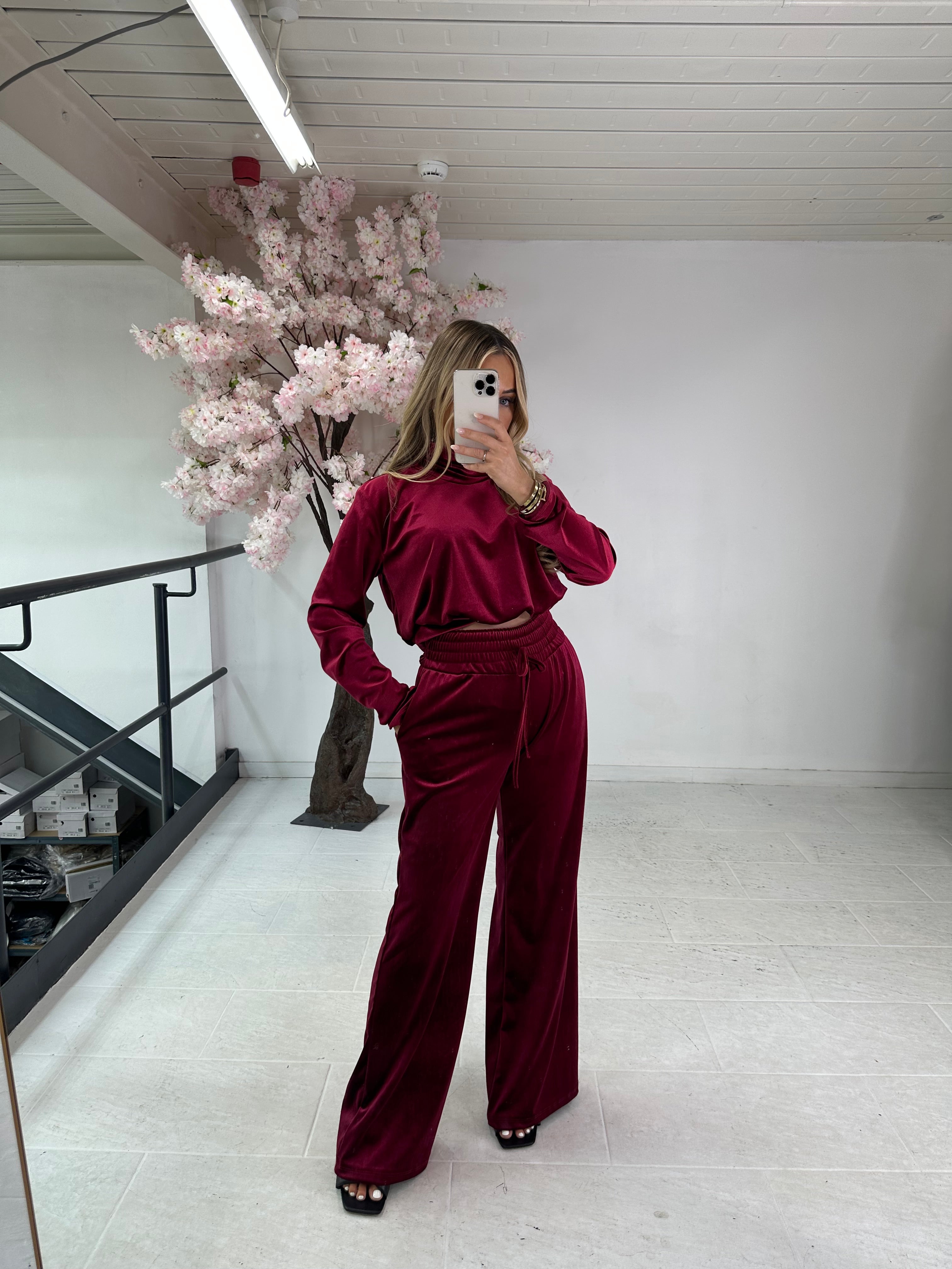 High neck velour trouser set - red
