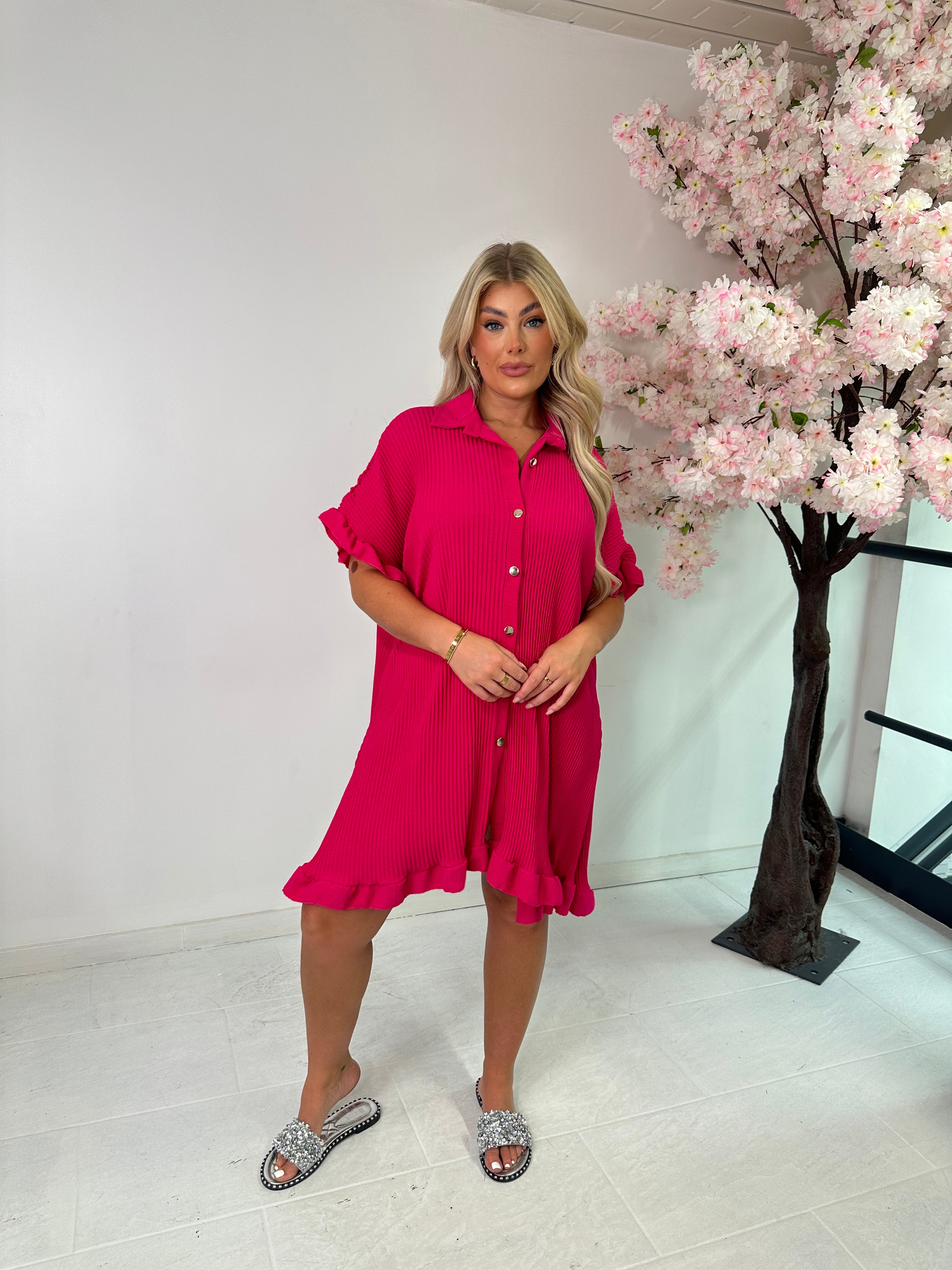 Oversized pleated gold button dress - hot pink