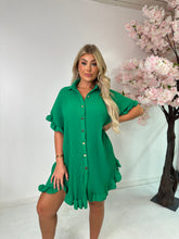 Oversized pleated gold button dress - green