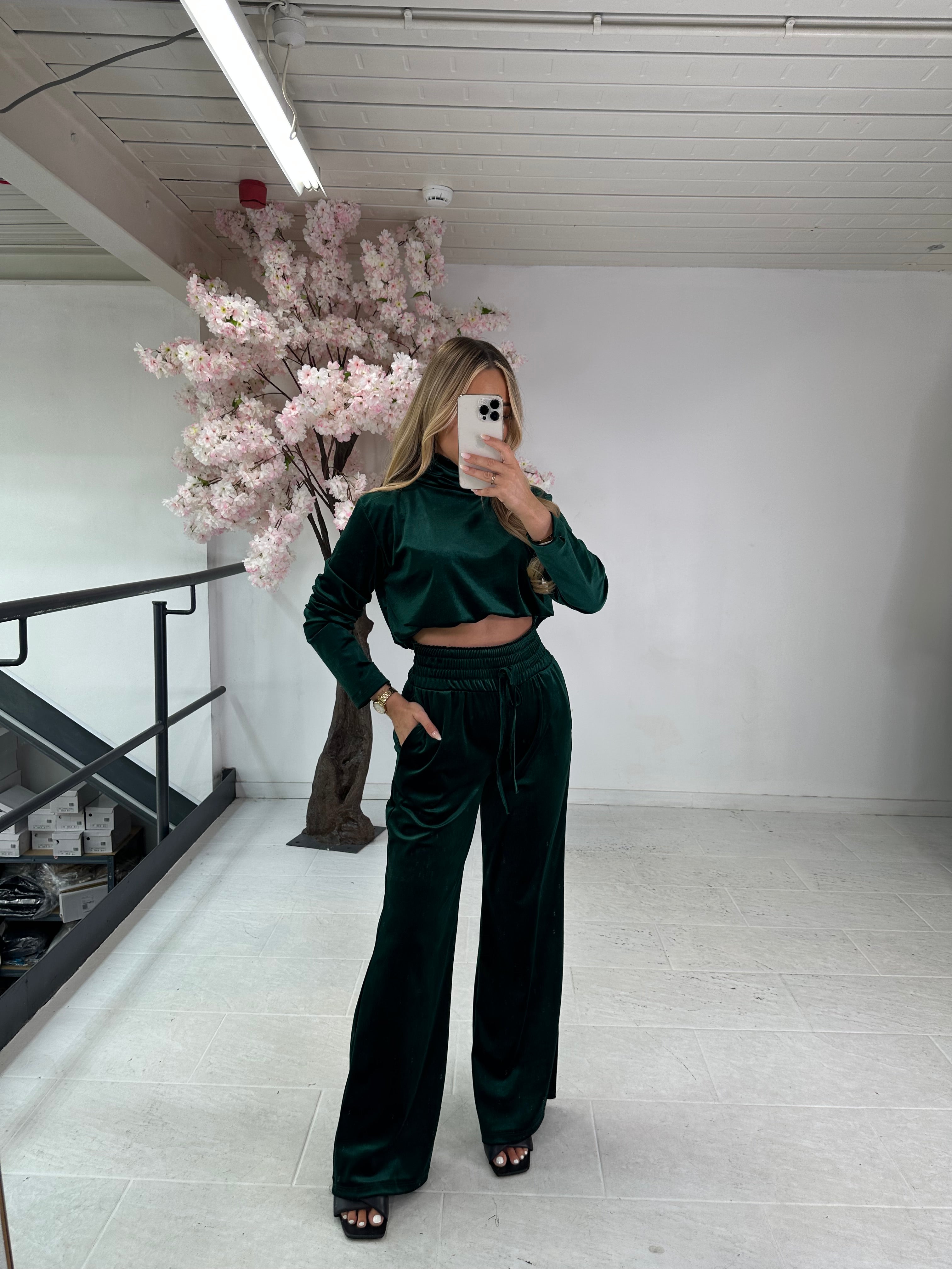 High neck velour trouser set - emerald green
