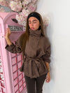 Suede-Effect Belted High Neck Jacket