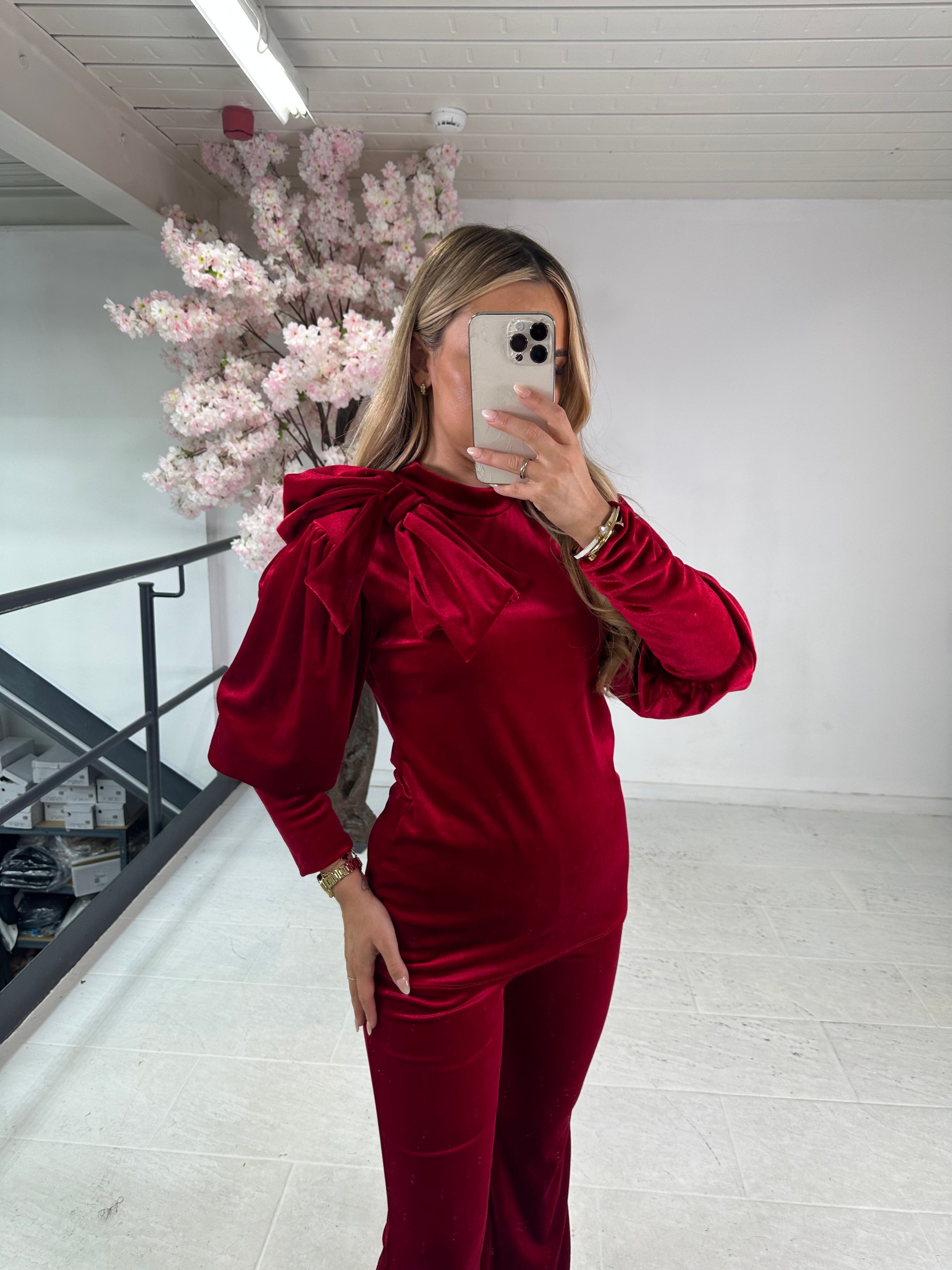 Christmas bow velour trouser set - red