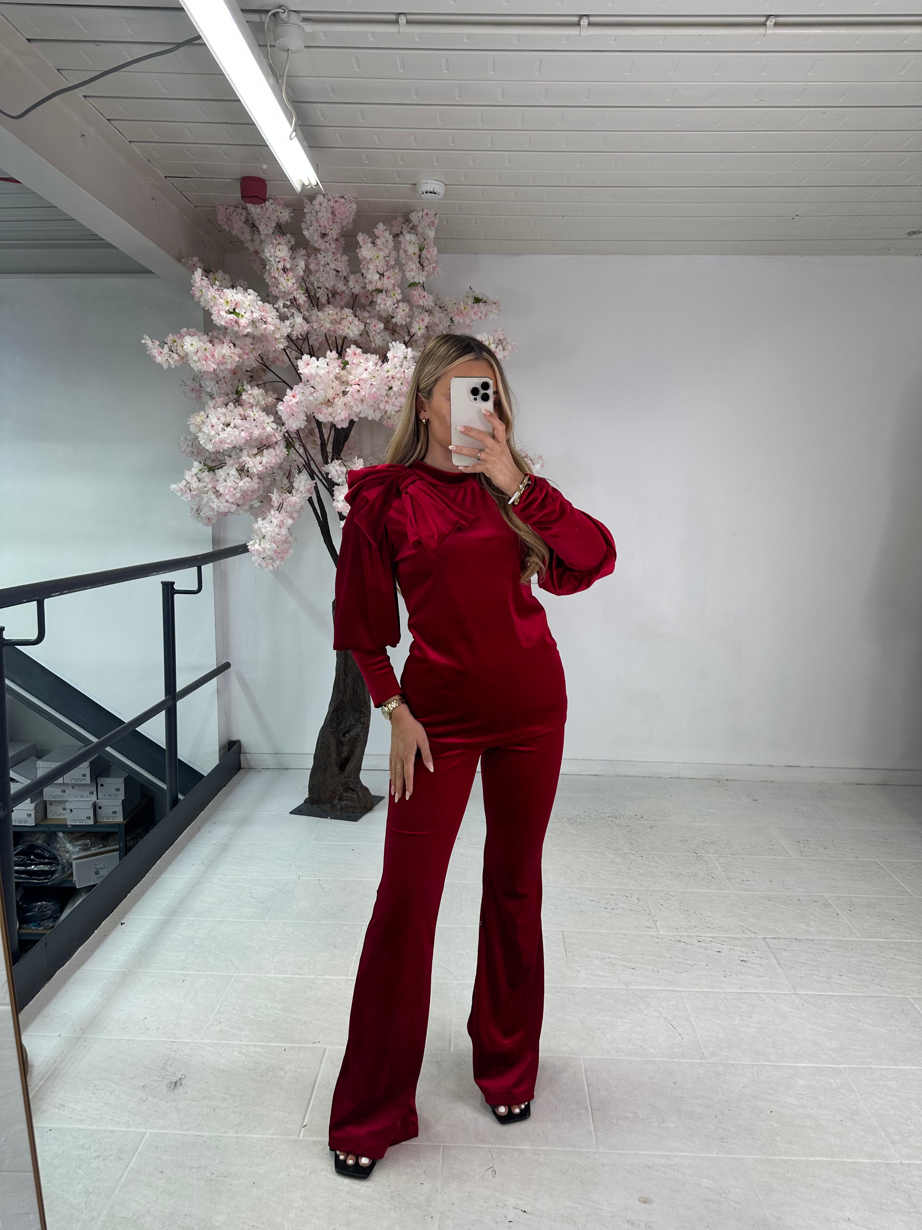 Christmas bow velour trouser set - red