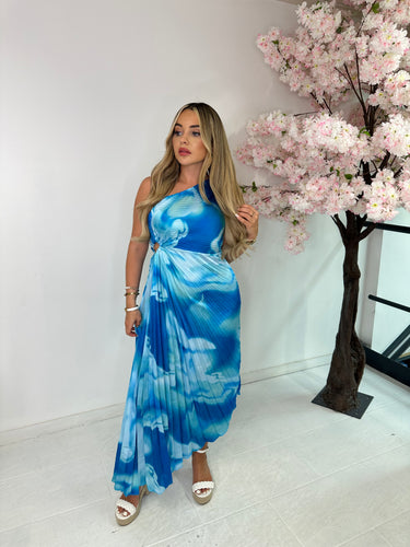 One shoulder pattern pleated dress - blue