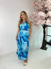 One shoulder pattern pleated dress - blue