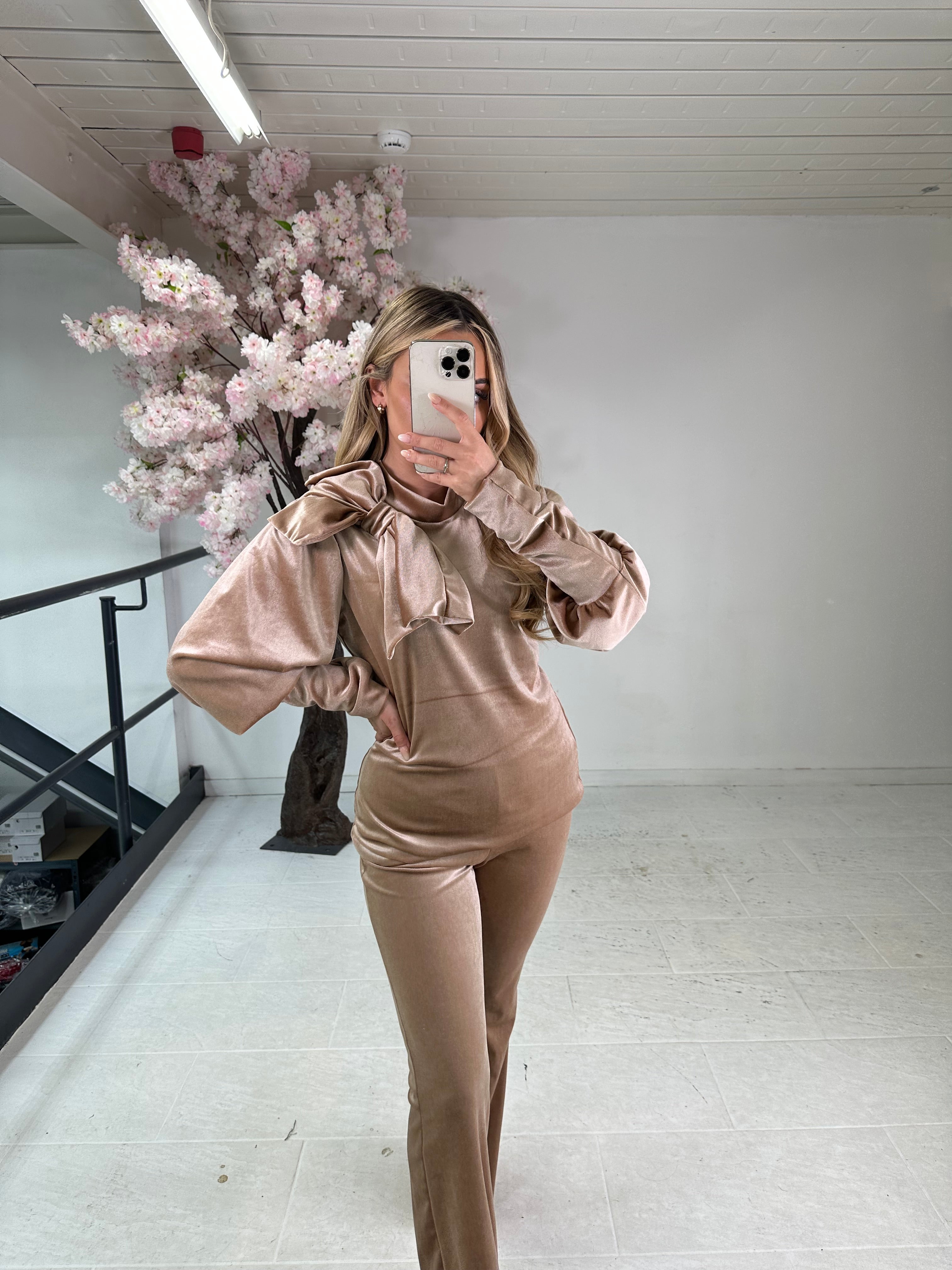 Christmas bow velour trouser set - champagne