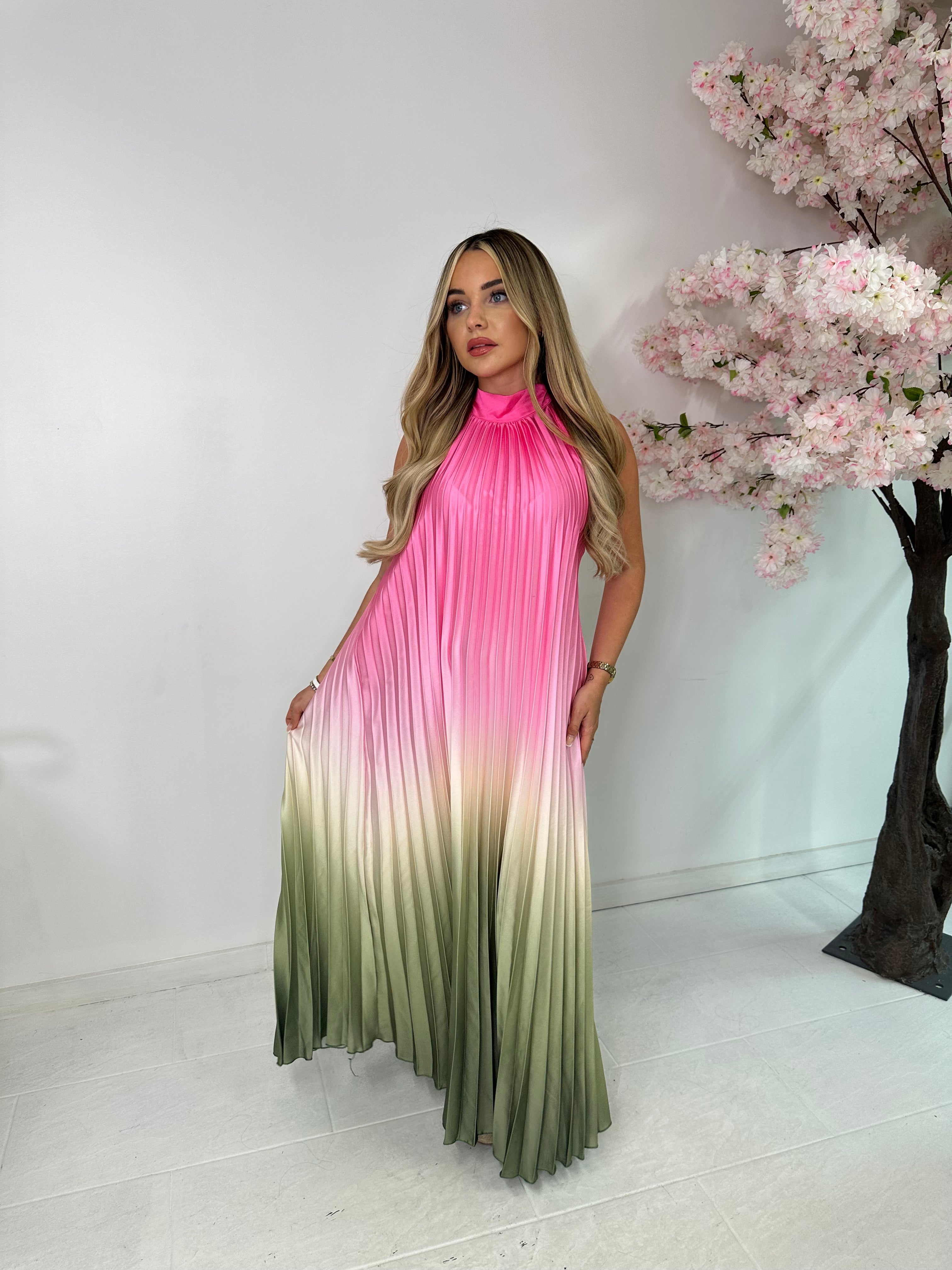 Clarissa halterneck pleated dress - pink
