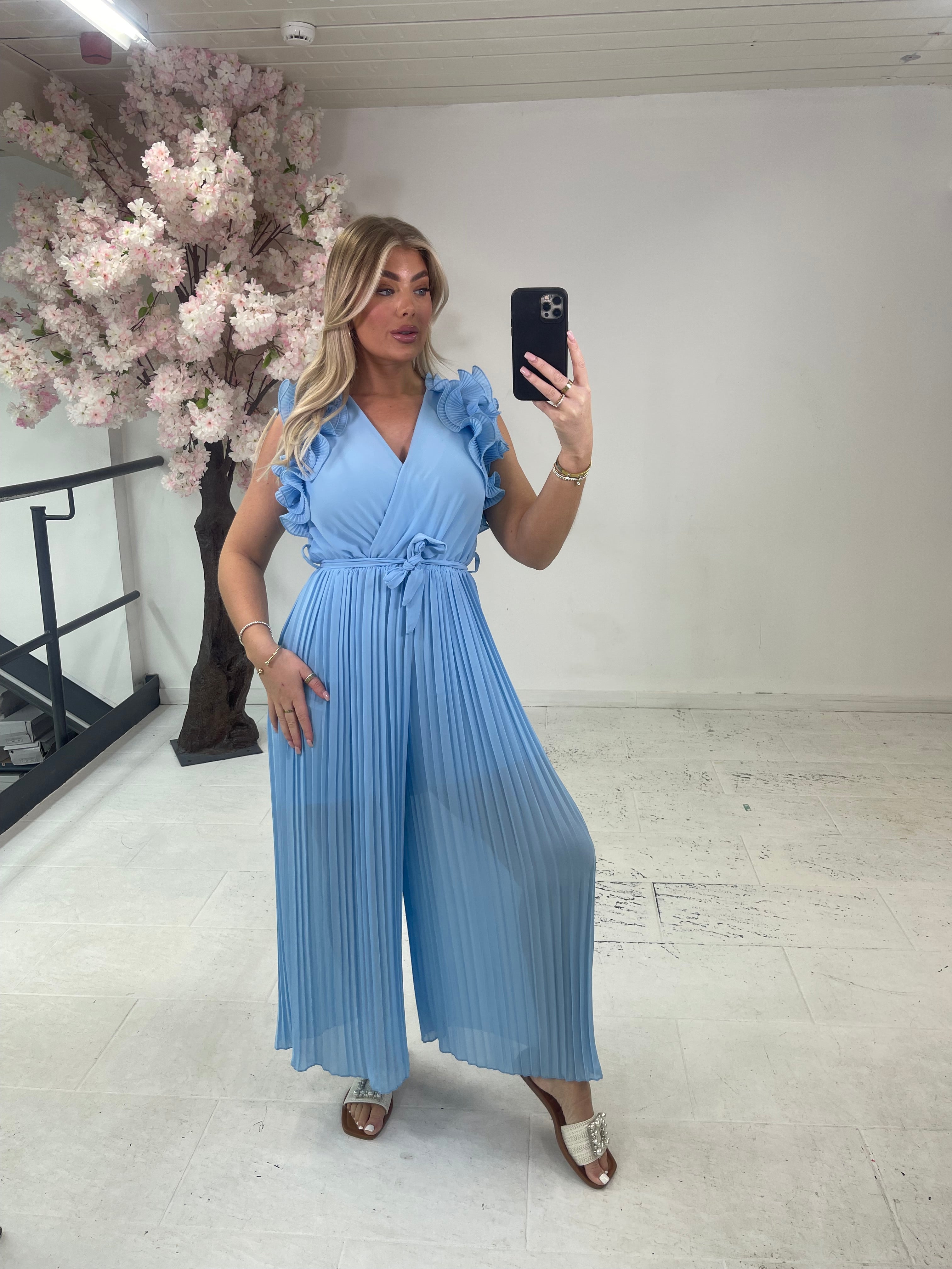 Frill belted jumpsuit - baby blue