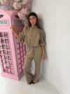High Neck Button Front 2 Piece Co-Ord Set - Balloon Sleeve Top & Wide Leg Trousers