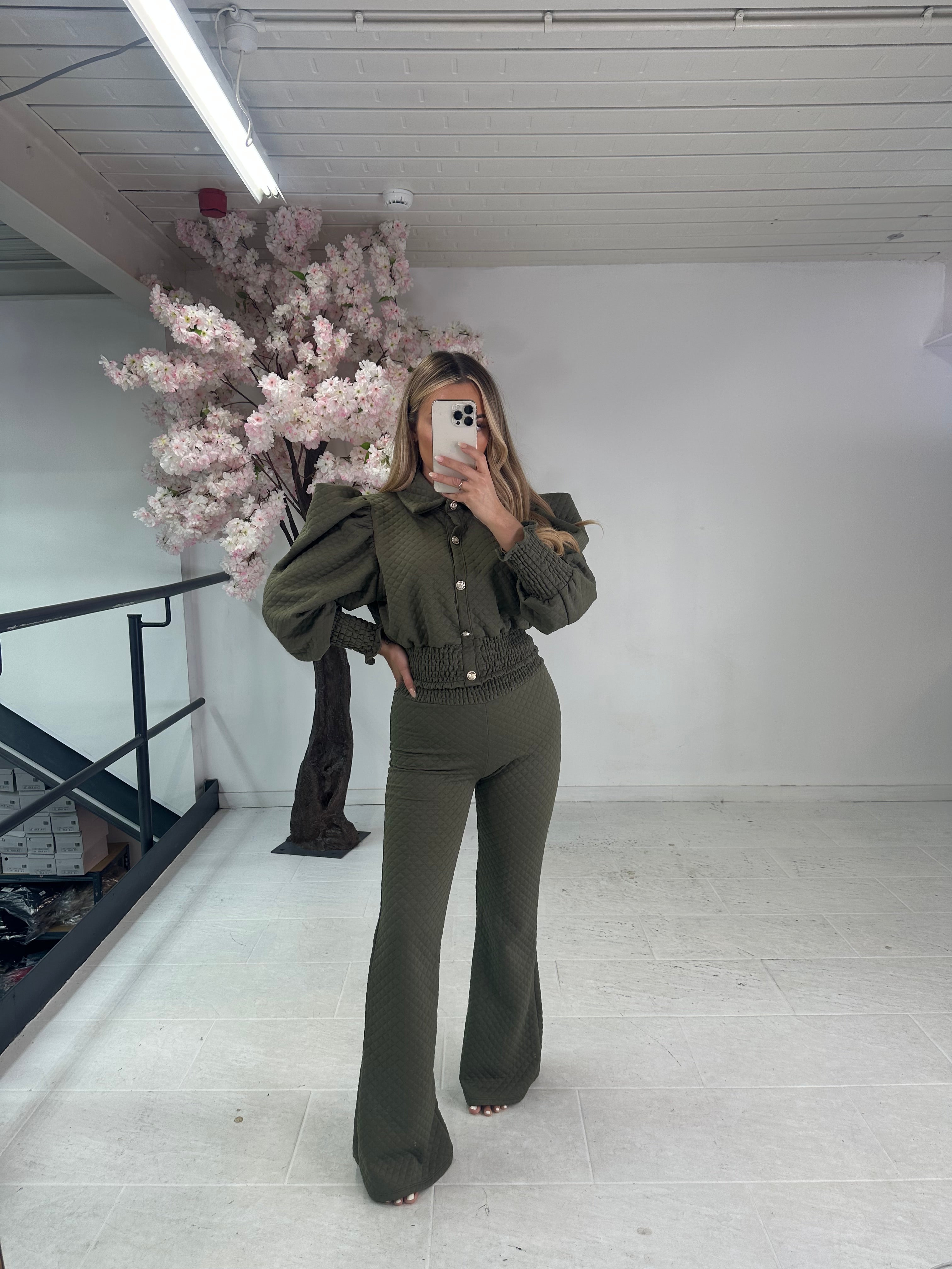 Gold button waffle trouser two piece - khaki