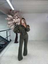 Gold button waffle trouser two piece - khaki