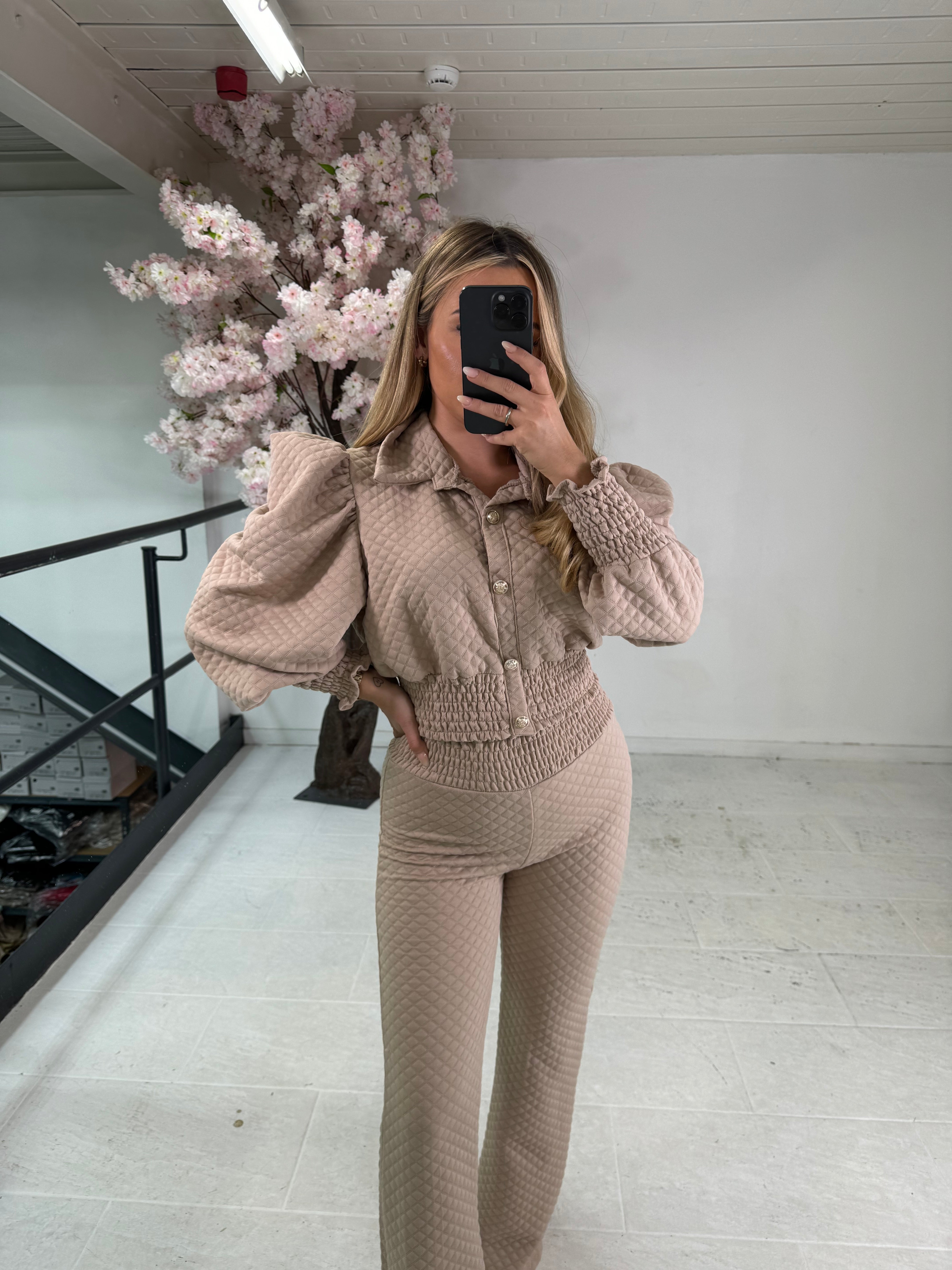 Gold button waffle trouser two piece - beige