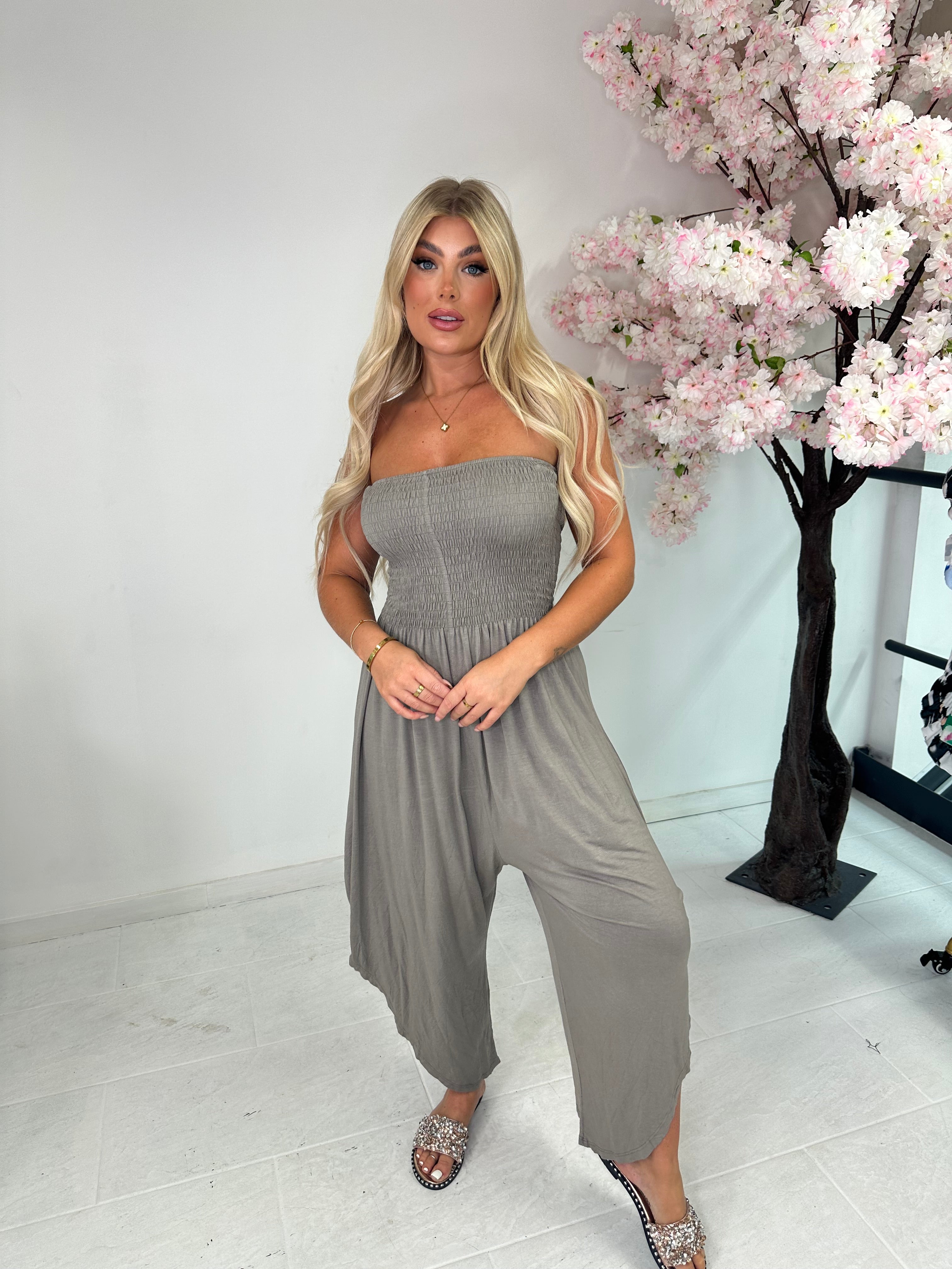 Plain bandeau romper jumpsuit - mocha