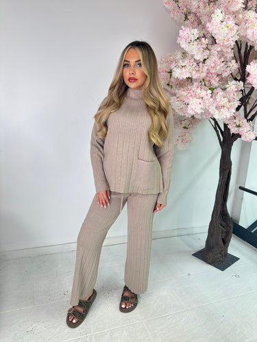 Wide leg ribbed loungewear set - beige