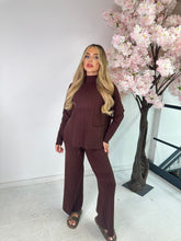 Wide leg ribbed loungewear set - brown