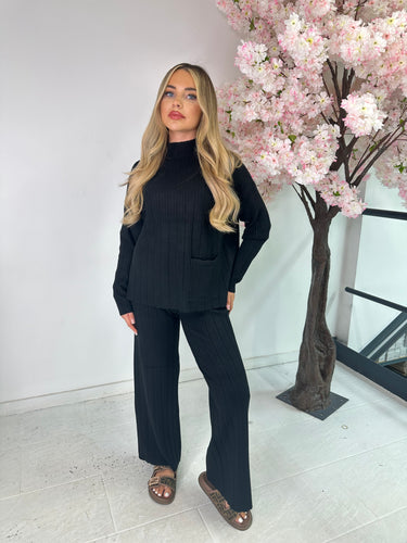 Wide leg ribbed loungewear set - black