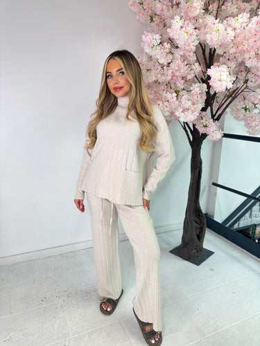 Wide leg ribbed loungewear set - cream