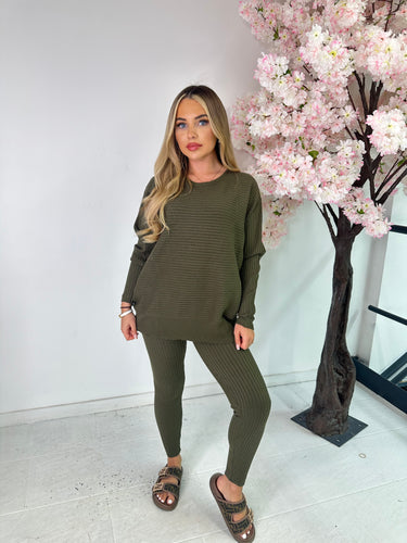 Ribbed knitted loungewear set - khaki