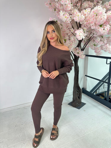 Ribbed knitted loungewear set - brown