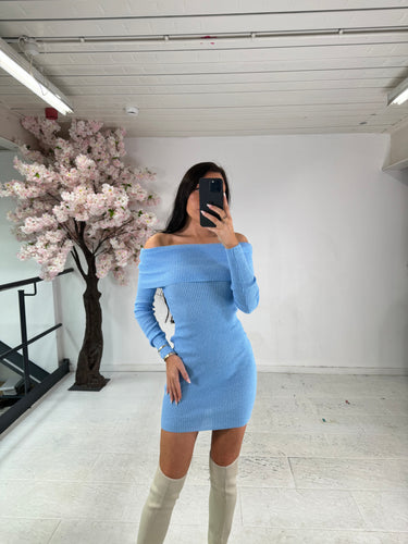 Blue off the sales shoulder sweater dress