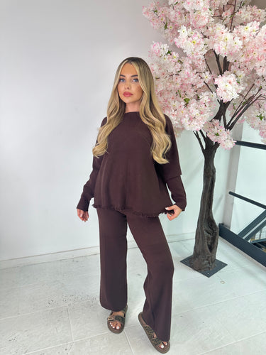 Wide leg fringe loungewear set - brown