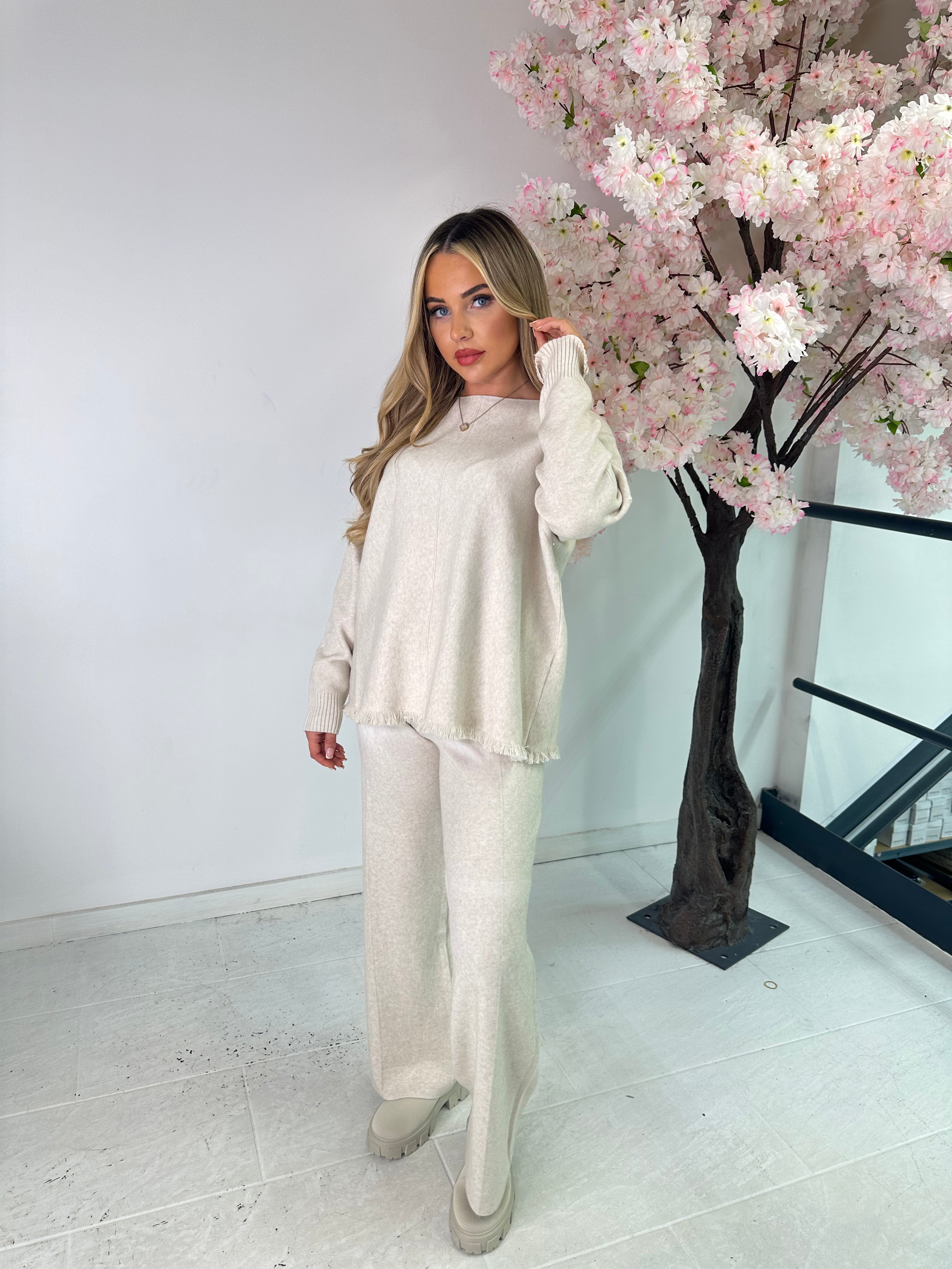 Wide leg fringe loungewear set - Cream