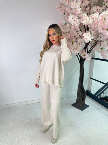 Wide leg fringe loungewear set - Cream
