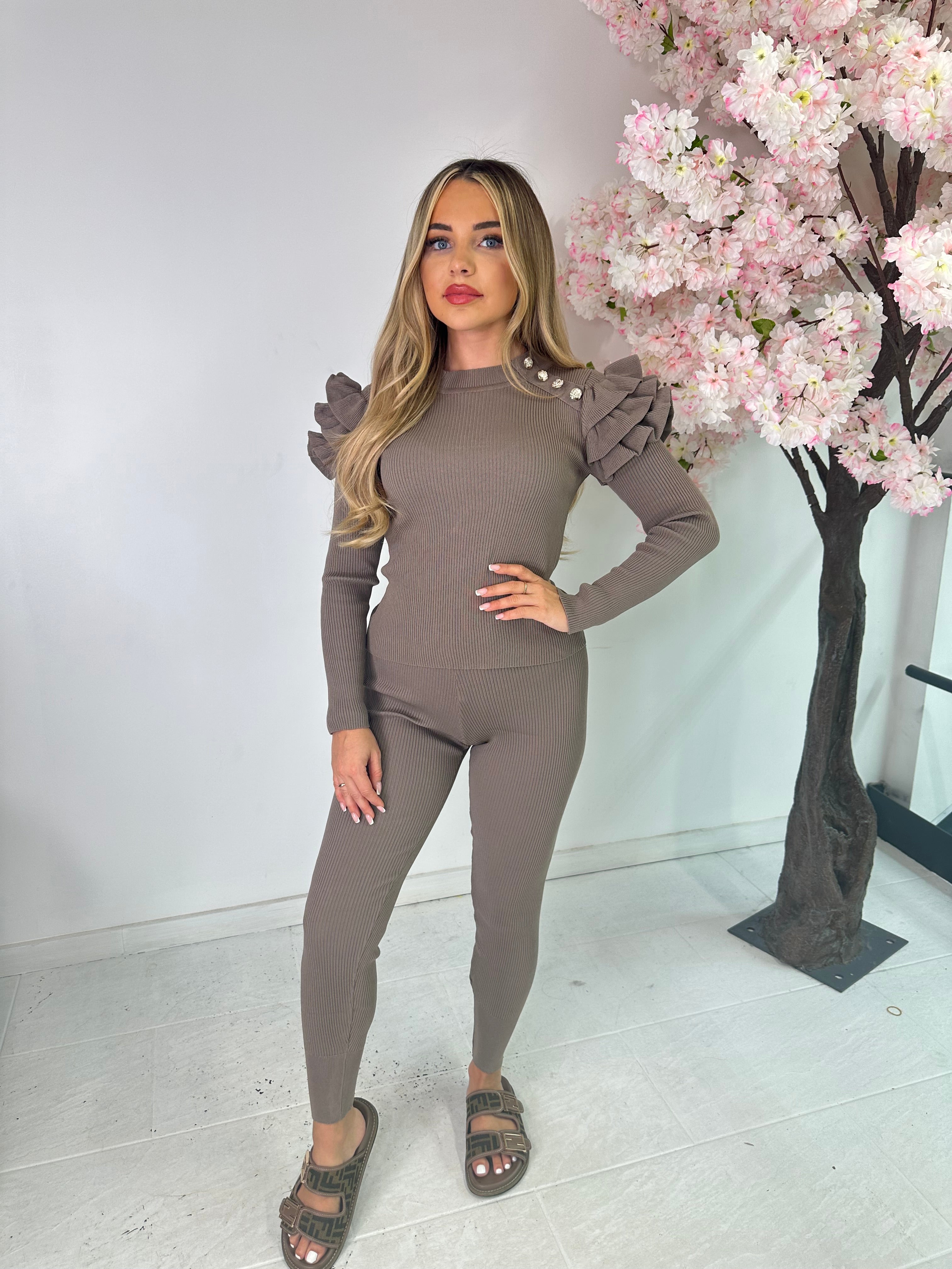 Long sleeve button frill lounge Set - taupe