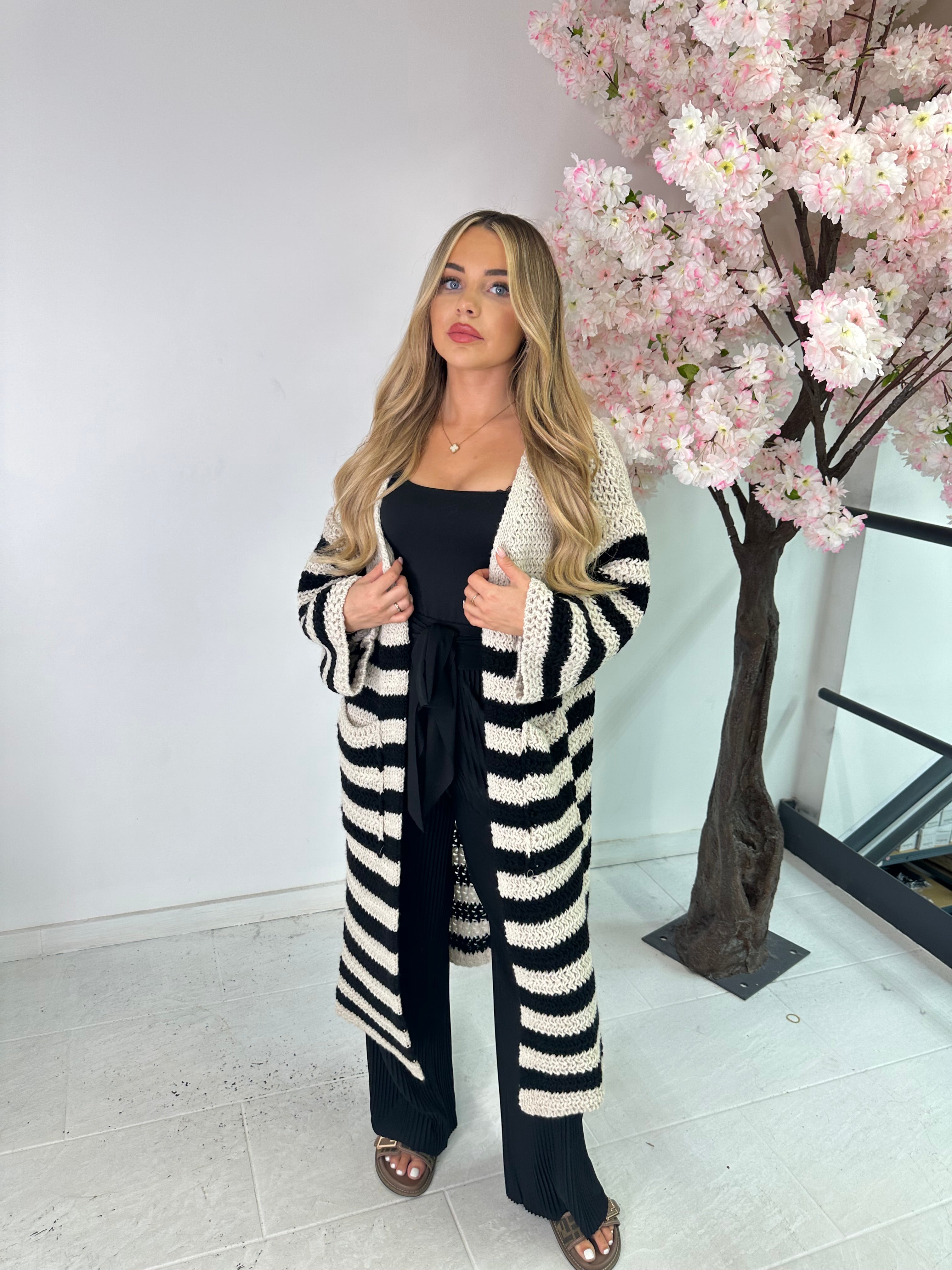 Stripe thick knit cardigan - beige/brown
