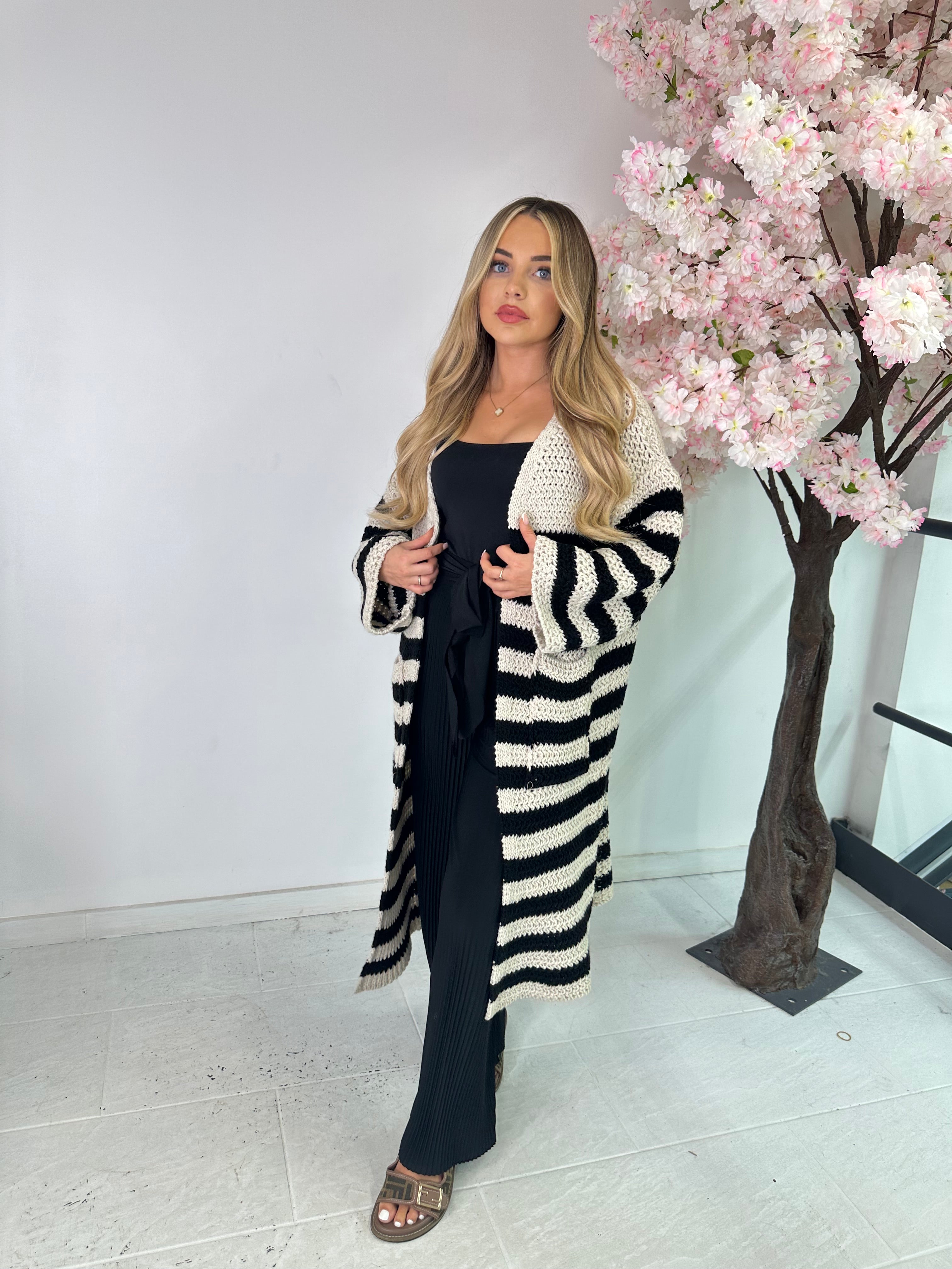 Stripe thick knit cardigan - beige/brown